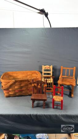 WOVEN BASKET WITH WOODEN DOLL CHAIRS