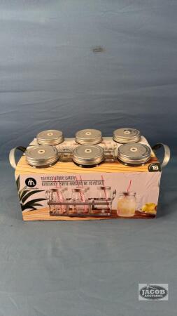 (6) UNUSED DRINK GLASSES WITH CADDY AND STRAWS