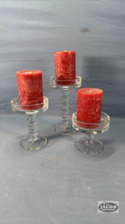 (3) GLASS CANDLE HOLDERS WITH CANDLES