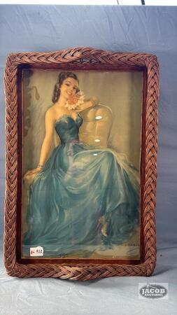 WICKER FRAMED TRAY WITH VINTAGE PRINT