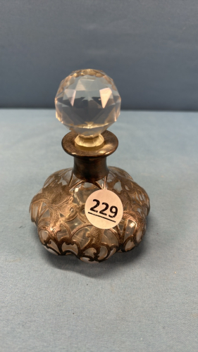 Glass Bottle w/ Silver Overlay & Cut Glass Stopper