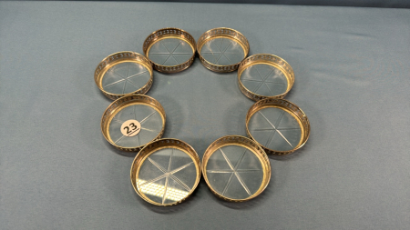 8 Silver Plate and Glass Coasters -1 Cracked