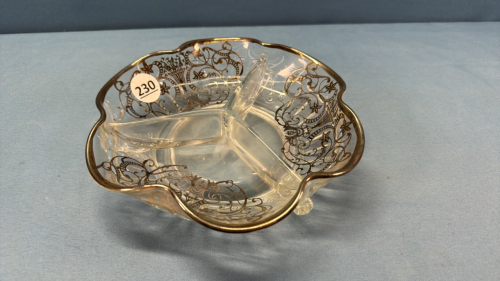 Divided Relish Plate with Silver Overlay -8in Wide