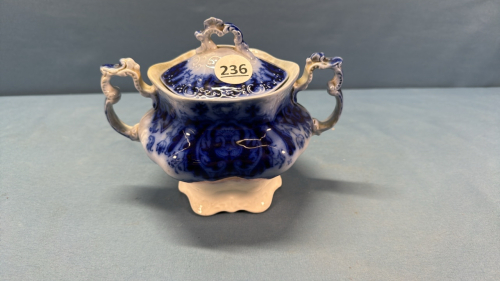 Flow Blue Double Handled Sugar Bowl -6in High