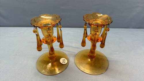 2 Amber Etched Glass Candle Sticks with Prisms