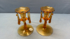 2 Amber Etched Glass Candle Sticks with Prisms