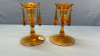 2 Amber Etched Glass Candle Sticks with Prisms - 2