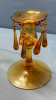 2 Amber Etched Glass Candle Sticks with Prisms - 7