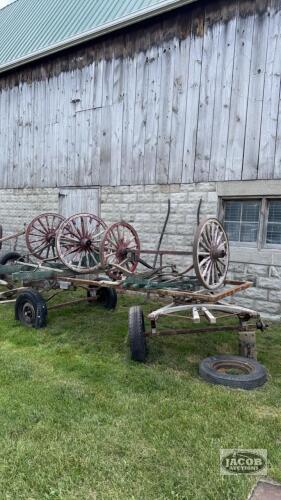 LOT OF WAGON FRAME AND 2 SETS OF WOODEN WHEELS
