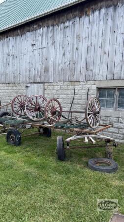 LOT OF WAGON FRAME AND 2 SETS OF WOODEN WHEELS