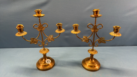 Pair of Brass Triple Candle Sticks -11in High