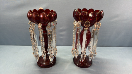 Pair of Antique Ruby Red Girandoles with Prisms