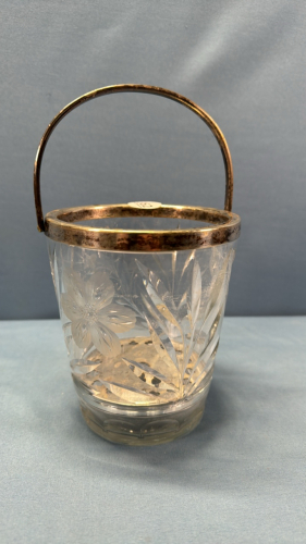 Etched Glass Ice Bucket with Silver Plate Trim