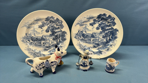 2 Wedgwood 10in Plates and 3 Delft Blue Pieces