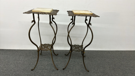 Pair of Brass Clad Stands with Marble Inserts