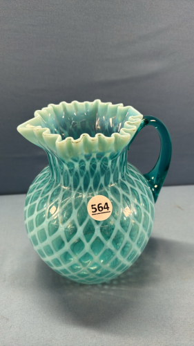 Blue Opalescent Diamond Quilted Glass Pitcher