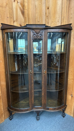 Oak Double Door Bowed Glass Corner Cabinet