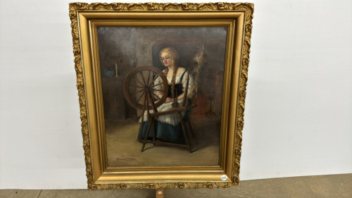 Oil Painting on Canvas of Lady at Spinning Wheel