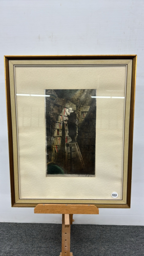 Signed Etching on Silk of Man in Library