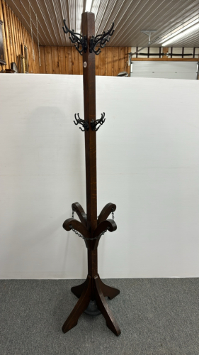 Oak Hall Tree w/ Metal Hooks & Umbrella Holders