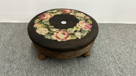 Round 14in Foot Stool with Needlepoint Top