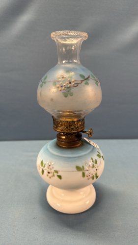 Miniature Blue and White Enamelled Coal Oil Lamp