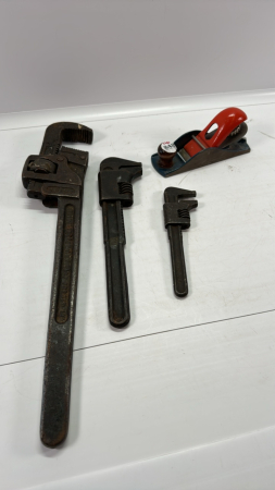 3 Adjustable Pipe Wrenches and 1 Wood Plane