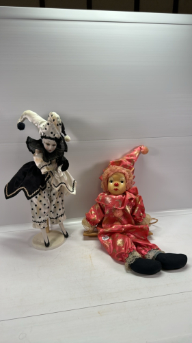 Clown Doll on Swing & Porcelain Faced Jester Doll