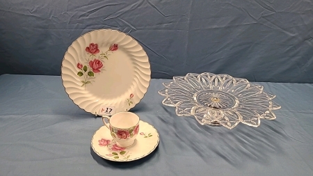 Glass Pedestal Dessert Plate & 3 Johnson Bros. Dishes