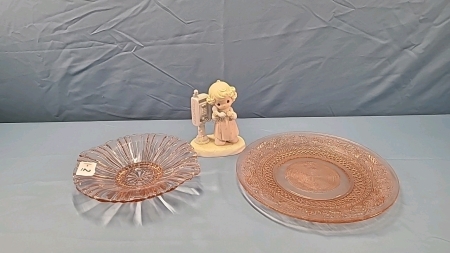 2 Pink Glass Plates and Precious Moments Figurine