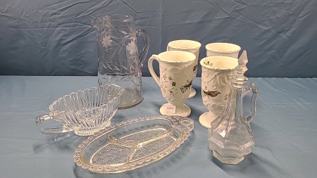 4 Mikasa Mugs, 9" Etched Glass Pitcher, 7" Vinegar Cruet etc.