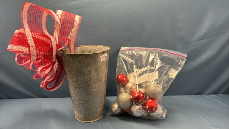 Assorted Christmas Decor in Galvanized Sap Pail