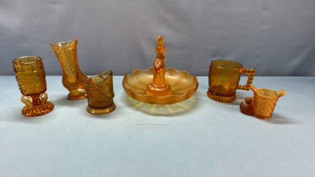 6 Pieces of Amber Pressed Glass -See Notes