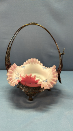 Enamelled Pink Satin Bride Basket & Stand