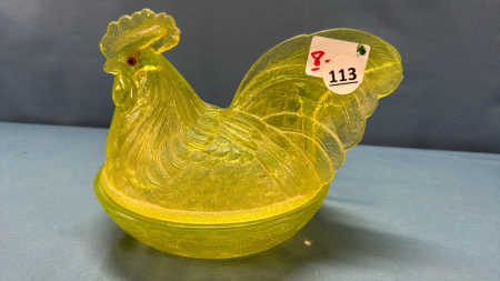 Challinor Vaseline Glass Rooster on Nest -See Note