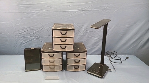 Desk Lamp, 3 -3 Drawer Plastic Units and 4 Picture Frames