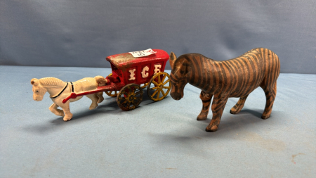 Repro Cast Iron Ice Wagon and Plaster Zebra