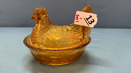 Amber Glass Greentown Hen on the Nest