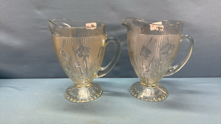 2 Iris Pattern Glass Pitchers -9in High