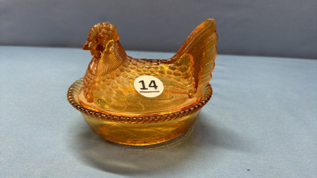 Amber Glass Greentown Hen on the Nest