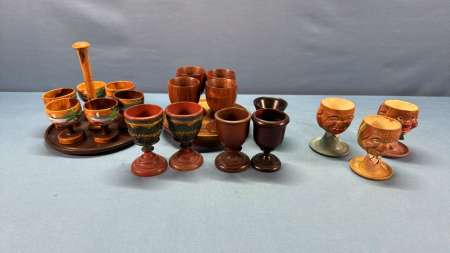 18 Wooden Egg Cups and 2 Stands