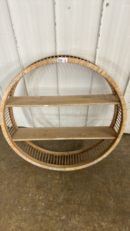 Round Pine and Rattan 2 Shelved Wall Shelf