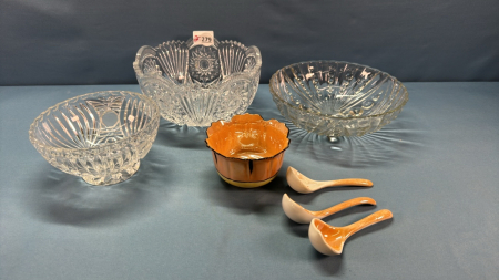 3 Glass Bowls and Small China Jam Dish w/ Spoons