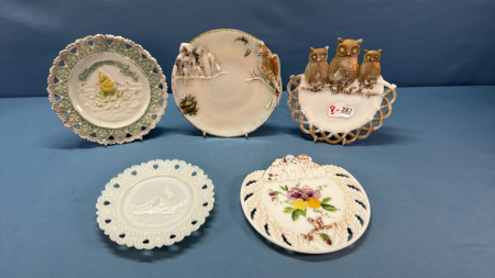 5 Assorted Figural Milk Glass Plates -See Notes