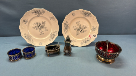 3 Cobalt Blue Salt Cells & Ruby Red Jam Dish etc.