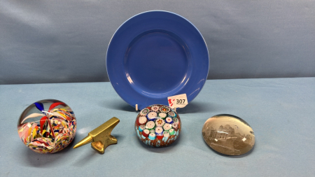 3 Glass Paper Weights & 3in Brass Anvil -See Notes