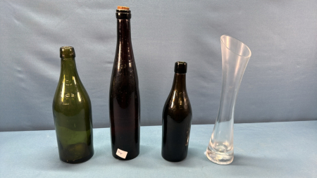 3 Old Coloured Beer Bottles and 12in High Vase