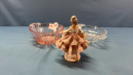 Dresden Figurine, 5in Pink Bowl & 6in Etched Bowl