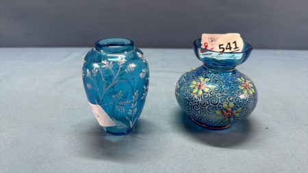 2 Enameled Blue Art Glass Miniature Vases