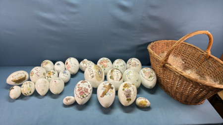 Wicker Basket w/ Milk Glass Easter Eggs -See Notes